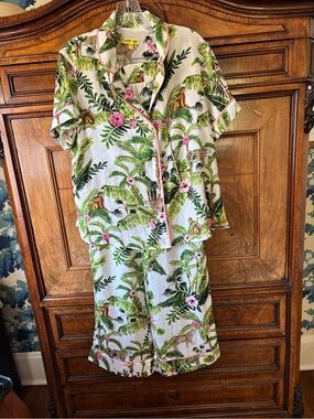 Shady Lady Tropical Pajama Set Monkeys & Palms & Hibiscus Flowers Women’s Large